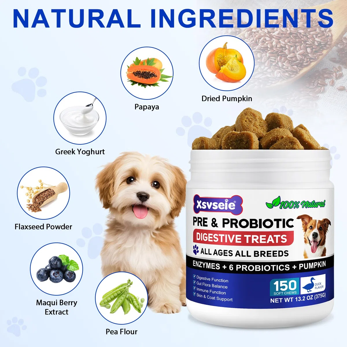 Probiotici Per Cani, 150pcs Probiotici Cane Compresse, Probiotico Digestivo Per Cani Anti Prurito Snack Masticabili Per Tutti Cane, Pet Supplement for Dogs - Duck Flavor
