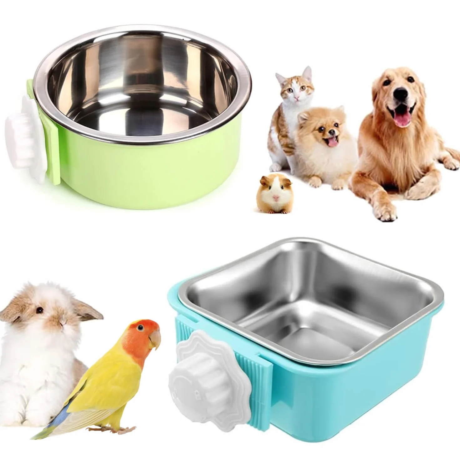 2 Pezzi Ciotole da Appendere per Animali Domestici Rimovibile Acciaio Inox Ciotola per Cani Gatti Coniglio Appendere Ciotole per Gabbia Ciotola per Acqua per Criceto Piccoli Animali