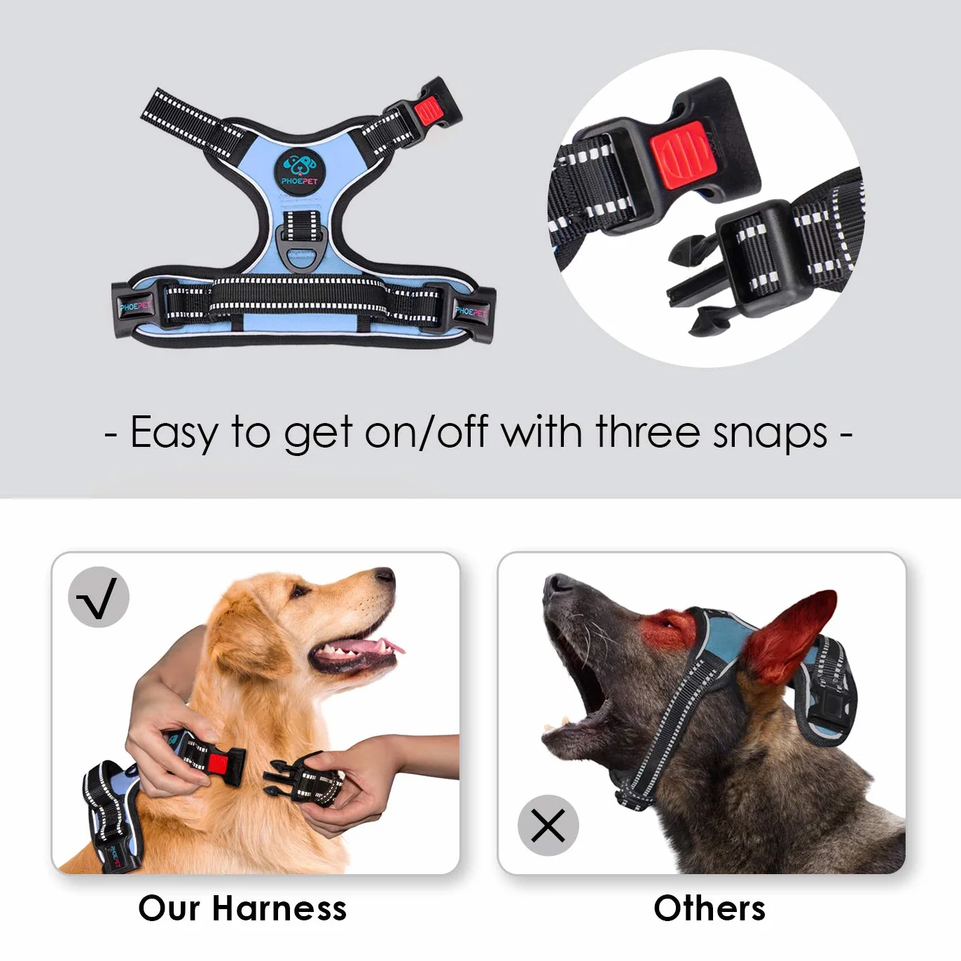 PHOEPET - Pettorina per cani anti-tiro, regolabile, riflettente, con manico per addestramento, tasca per nome, 2 ganci per guinzaglio in metallo, 3 fibbie a scatto, facile da indossare, S, celeste