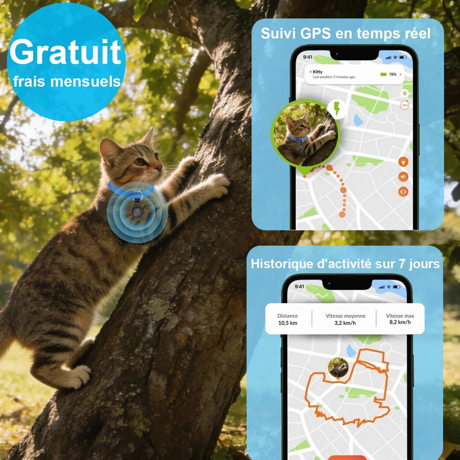 Collare GPS Gatto,GPS per Cani Supporta Sia I Sistemi iOS che Android, Localizzatore GPS per Cani in Tempo, Batteria A Lunga Durata, Localizzatore per Animali Domestici Impermeabile-Nero