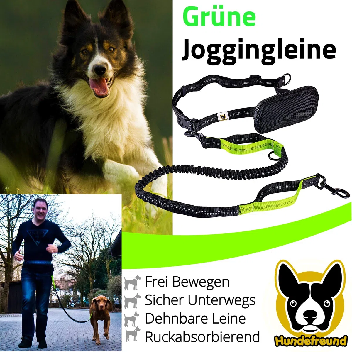 Guinzaglio da jogging | Per correre a mani libere, passeggiate ed escursioni | Corda di 120 cm (allungabile fino a 200 cm) con cintura in vita regolabile in nylon resistente allo strappo e con marsupio rimovibile