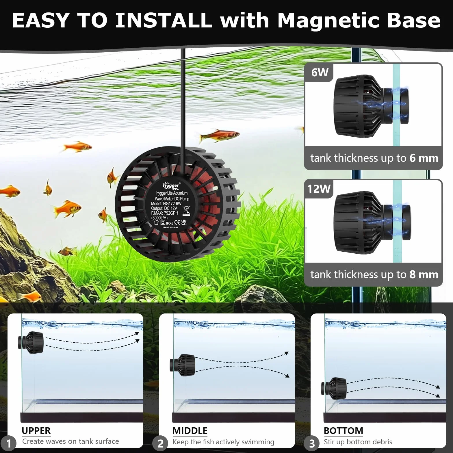 hygger Pompa di Acquario 3000LPH Pompa di Movimento Acquario, 6W Wave Maker Pompa di Circolazione 4 modalità D'onda Pompa ad Onda per Acquario da 38-189L