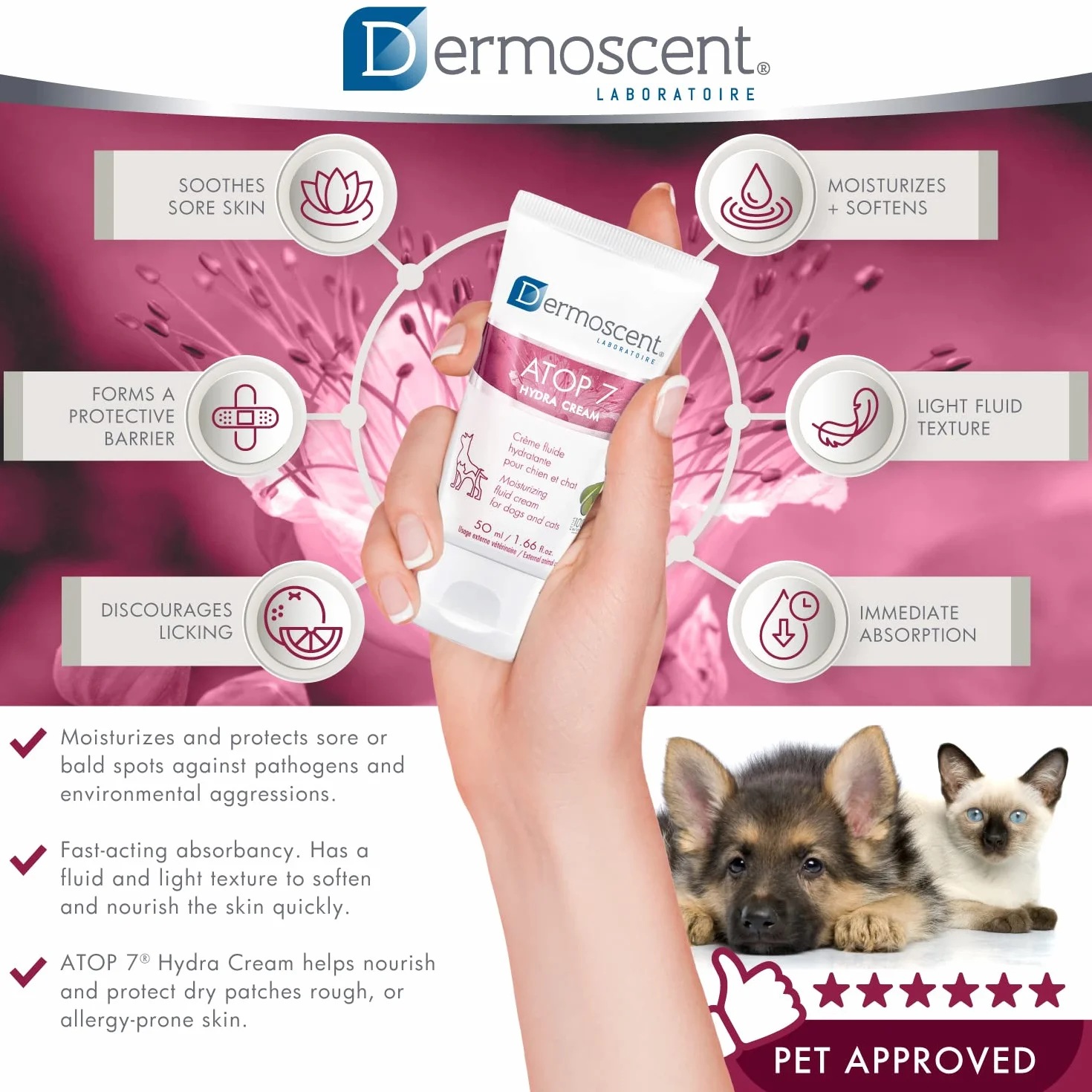 Dermoscent ATOP 7 Hydra Cream per cani e gatti per alleviare il prurito della pelle secca e soggetta ad allergie - Formulato dal dermatologo veterinario - 50 ml / 1,66 fl. oncia.