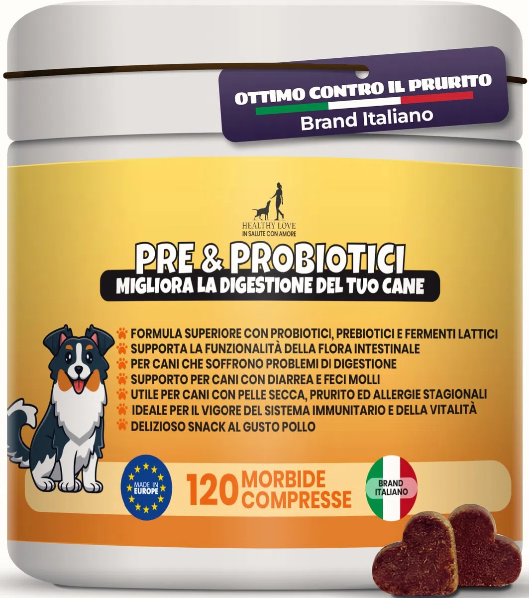 HEALTHY LOVE Probiotici per Cani, 120 Morbidi Snack Salutari, Appetibilità Unica, Fermenti Lattici Cane Per Migliore Digestione, Ebook, Probiotici Cane Contro Prurito e Diarrea, Probiotico Cani 240g