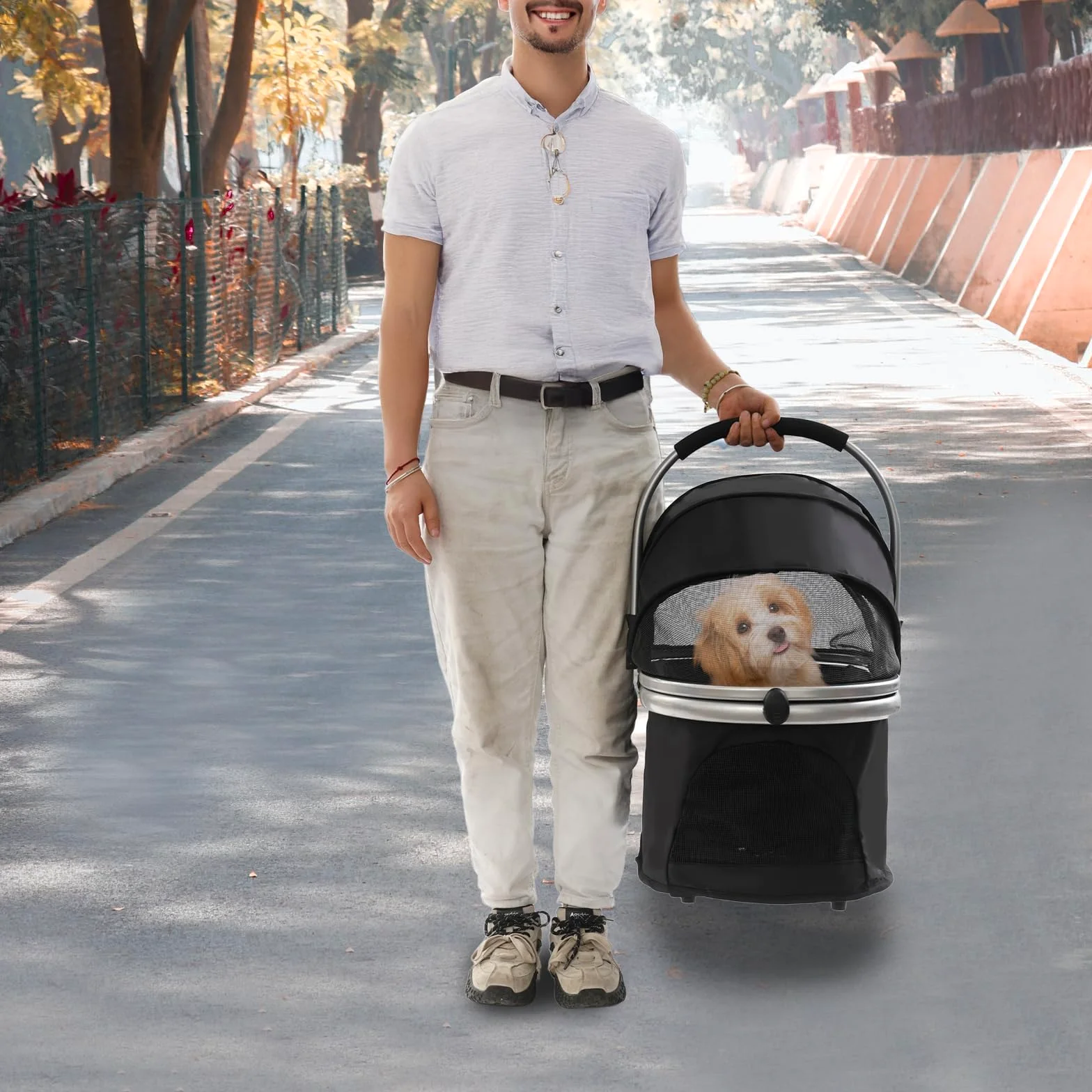 Passeggino pieghevole per cani, carrello per cani con ruote universali, per gatti e cani di piccola taglia, 50 x 60 cm (nero)