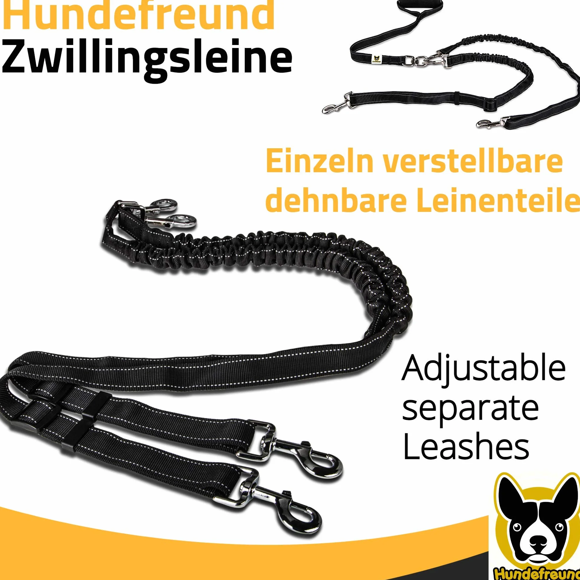 Guinzaglio doppio | Guinzaglio per 2 cani | Guinzaglio estensibile e riflettente da 165 cm a 220 cm con una impugnatura morbida per due cani a partire da 20 kg