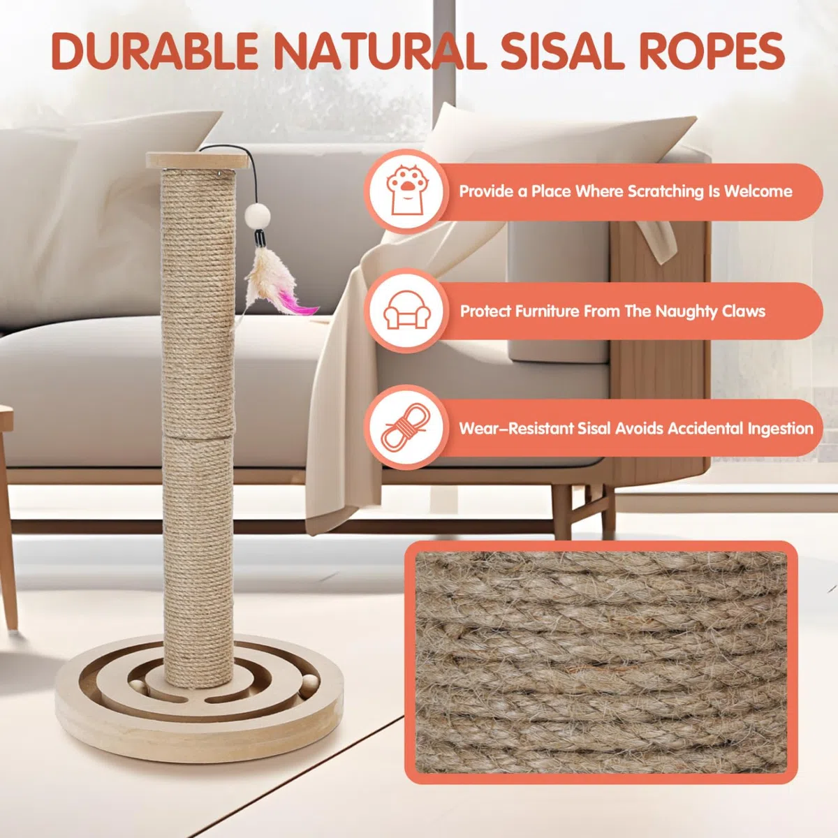Nobleza Tiragraffi per Gatti in Legno con Palline, Graffiatoio in Sisal Naturale con Piuma, Giocattolo Interattivo 3 in 1, 55x30 cm