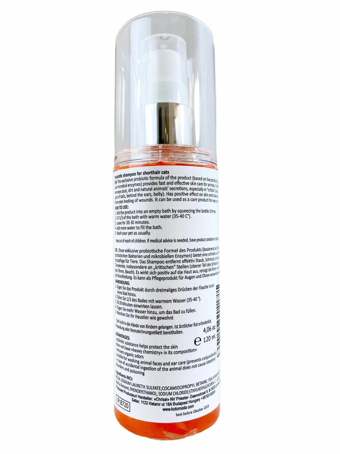 Shampoo probiotico per gatti a pelo corto 120 ml con pompa a schiuma