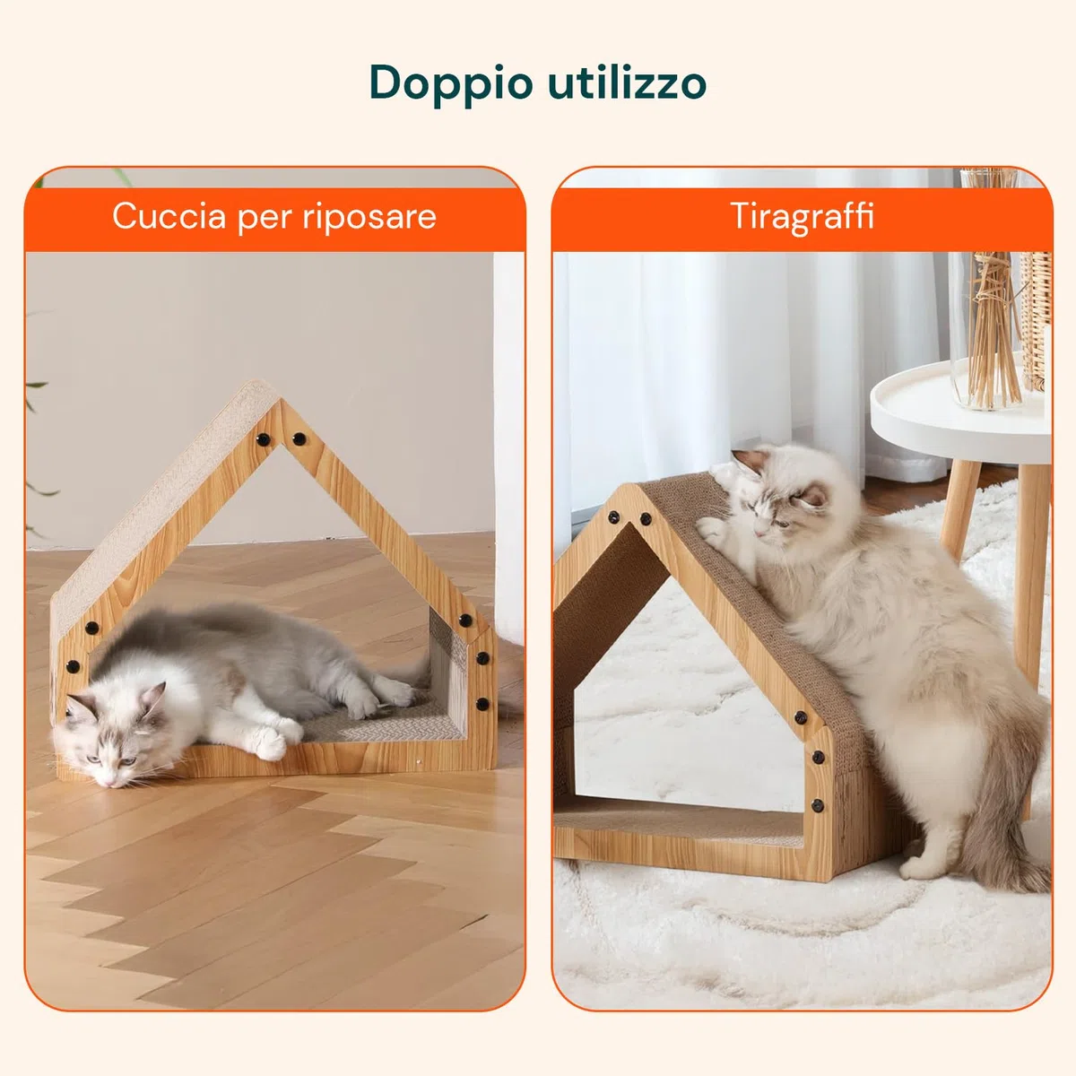 Avilia Tiragraffi per Gatti Casetta in Legno con Rifugio Interno - Graffiatoio e Cuccia 2-in-1 in Cartone Ondulato, Design Salvaspazio 50x30x42 cm, Stabile fino a 10 kg